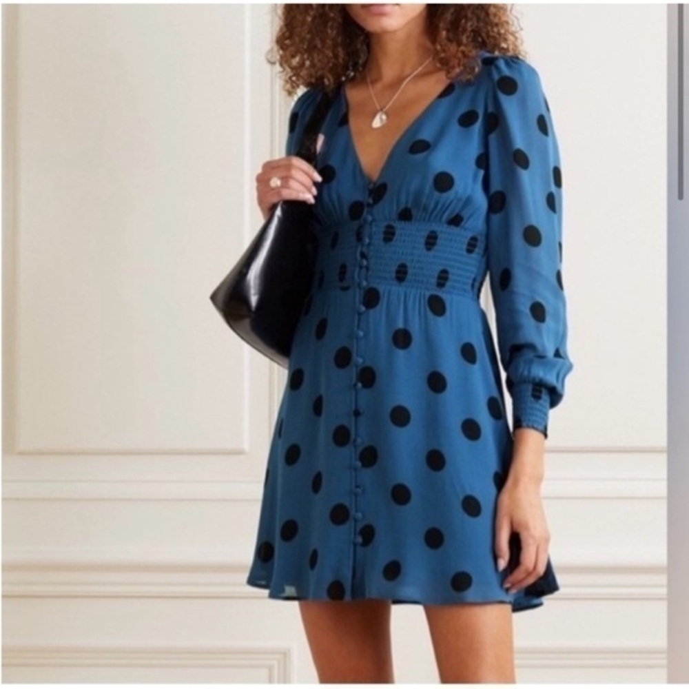 Reformation Dress Alani Mini Button Front Long Sleeve in Polka Dot Blue